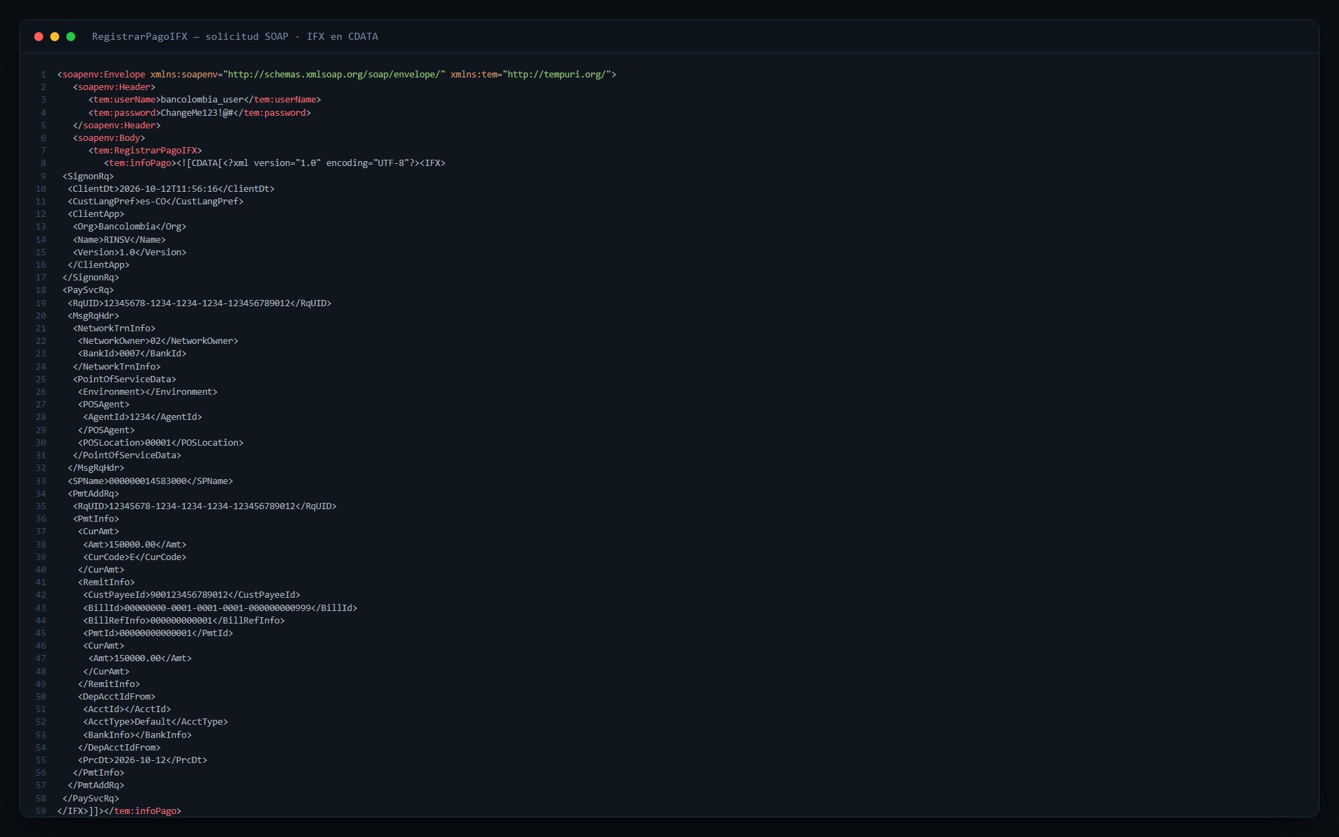 Pagos Integración una vía RIN Bancolombia. Solicitud soap ifx