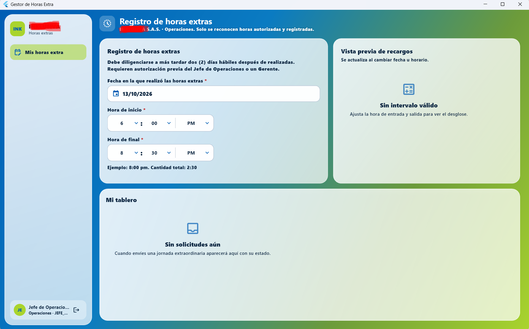 Gestor de horas extra. Dashboard